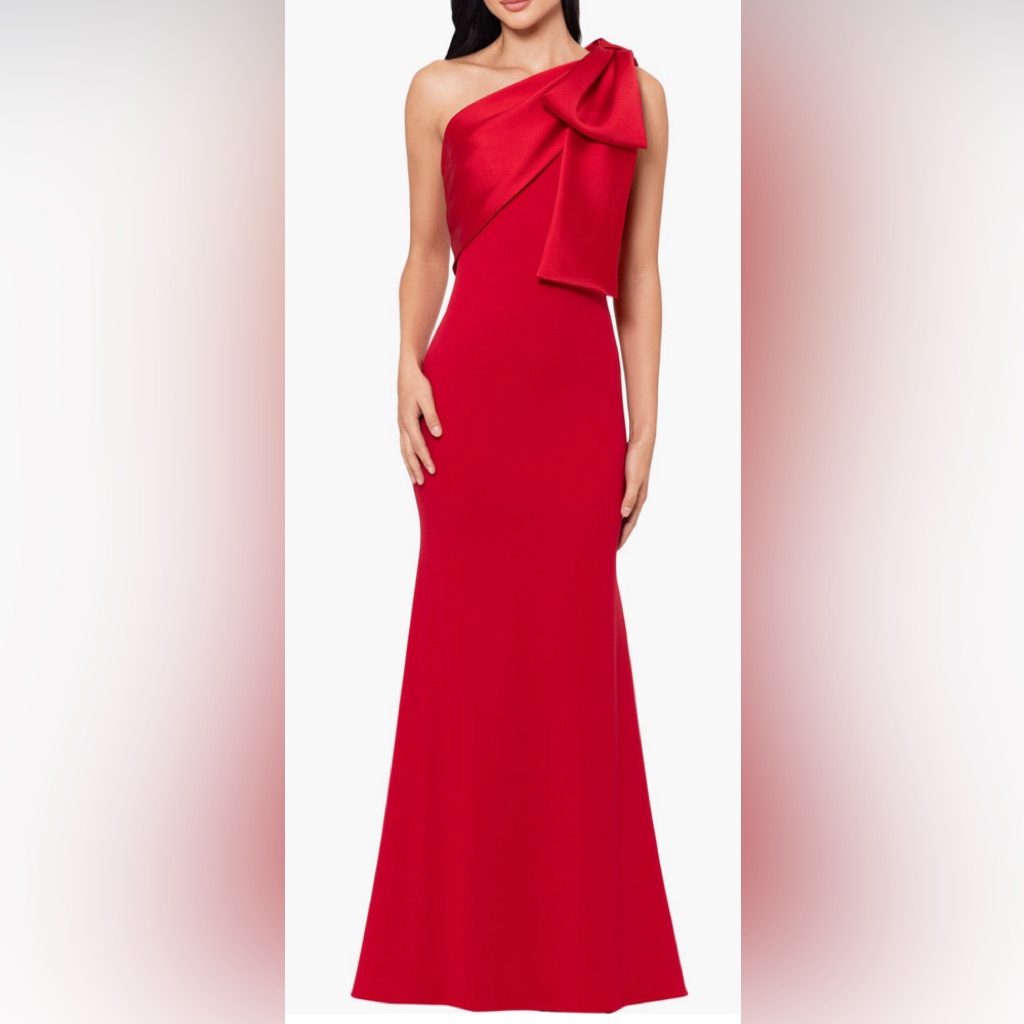 Betsy & Adam Bow One-Shoulder Crepe Mermaid Gown
